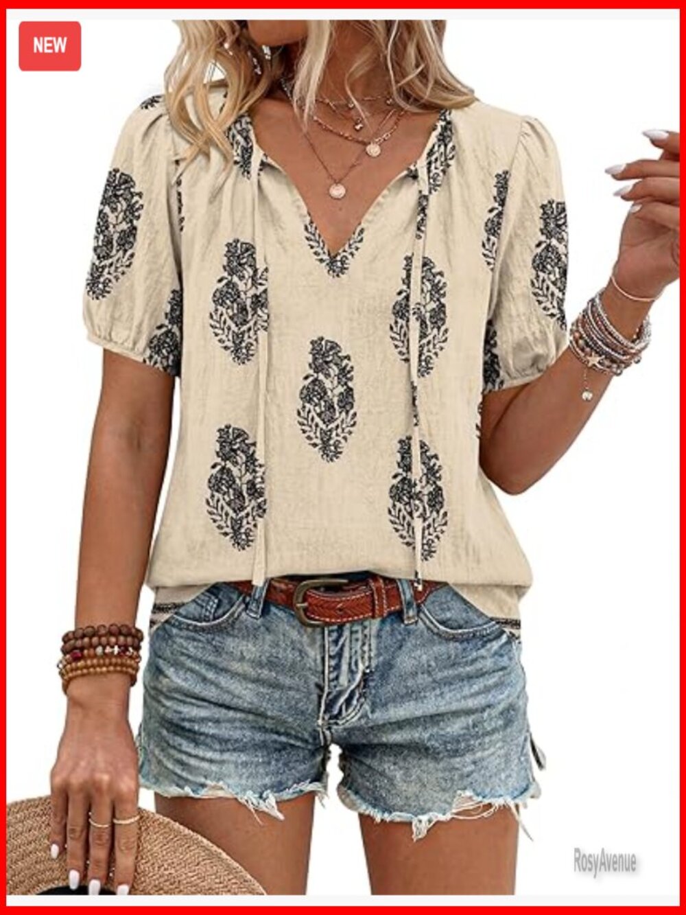 Boho V-Neck Tie Front Peasant Blouse Puff Sleeve Flowy Tunic